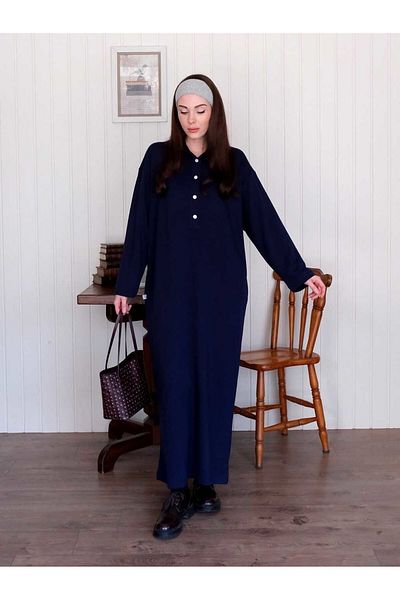 Ceylan Otantik Navy Blue Button Detail Dress