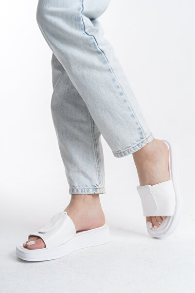 Limeo High Side Buckle Cross Strap Leather Summer Women's Wedge Sole White Slippers Sandals Shoes