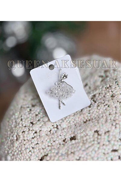 QUEEN AKSESUAR Lüks zarif Çiçek elbiseli taşlı balerin dansçı kız kadın broş yaka aksesuar şal iğne beyaz gümüş