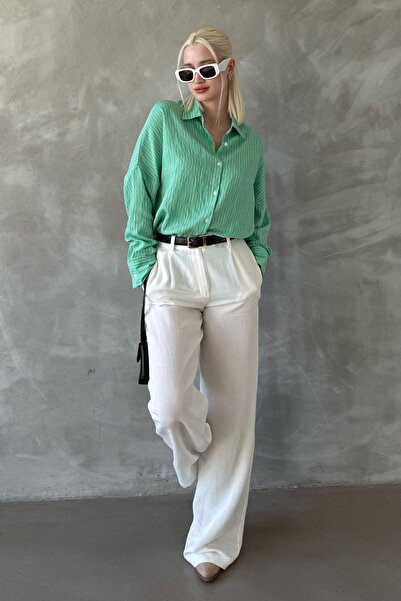 Madmext Yeşil Çizgili Oversize Kadın Gömlek Mg2327
