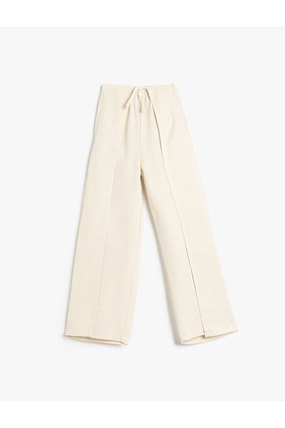 Koton Viscose and Linen Blended Wide Leg Trousers with Lace-Up Waist
