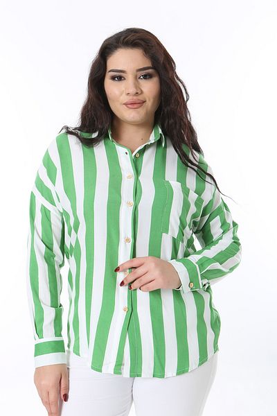 Şans Women's Plus Size Green Front Button Cuffed Long Sleeve Striped Blouse 65N38751