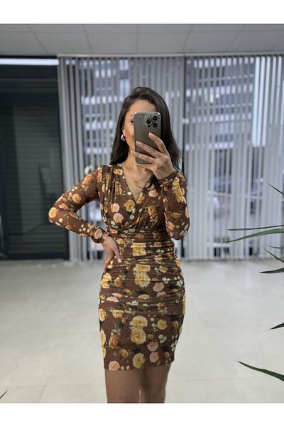 caddstore Mc 5931 Διπλό Φόρεμα με Καφέ Floral Τούλι