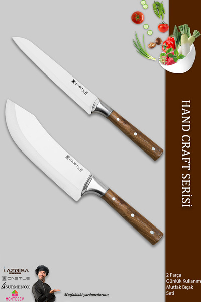 CASTLE KITCHEN Hand Craft Mutfak Bıçak Seti Et Ekmek Sebze Şef Bıçağı 2 Li Se...