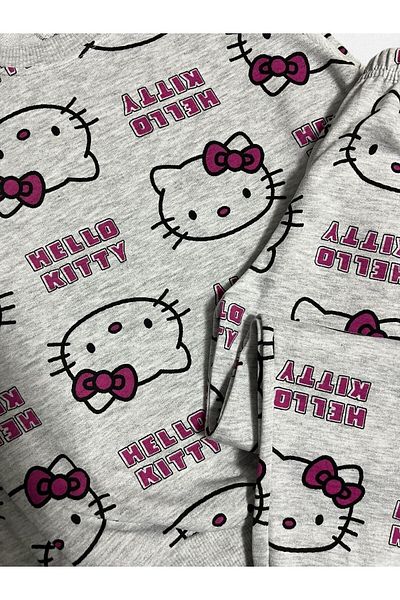 Fil Kids Girl's 100% Cotton Gray Hello Kity Cat Print Long Sleeve Seasonal Pajamas Set
