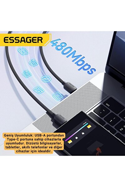 essager 3 Metre 7A 100W E-Marker Süper Hızlı USB To Type C Şarj Data Kablosu, Akım,Isı, Güçlü Kablo