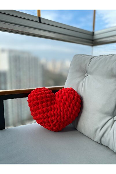 Alize Puffy Romantik El örgüsü kalpli yastık 35 x 30 cm Kırmızı 56