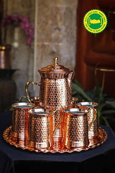 Yardımcı Bakır Since 1997 Bakır Zımbalı Bardak Sürahi Ve Tepsi Set