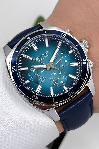 Ferrucci Navy Blue Silver Function Leather Cord Men's Wrist Watch 3 Atm Wristband