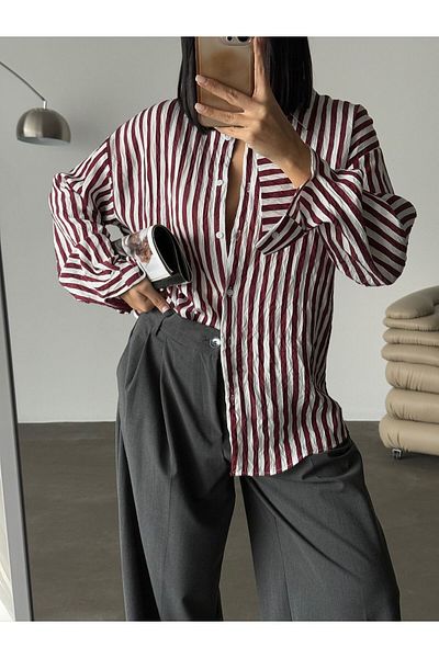 BE CHİC Cămașă Salar Over Size Satin Look Crash Premium pentru femei, alb burgundă
