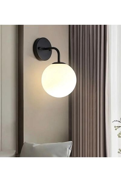 ABAJUR EVİM Kartopu Black Case White Glass Single Sconce