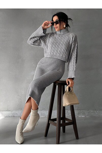 Cloudy Kids Women's Stone Neck Knit Motif Crop Sweater and Knitwear Dress Set