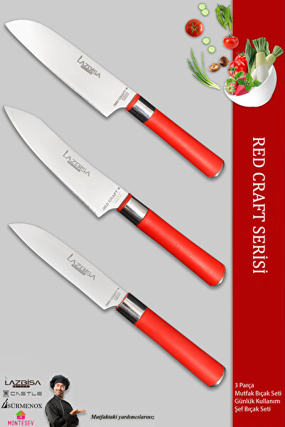 LAZBİSA Red Craft Serisi Mutfak Bıçak Seti Et Ekmek Şef Sebze Börek Bıçağı 3 ...