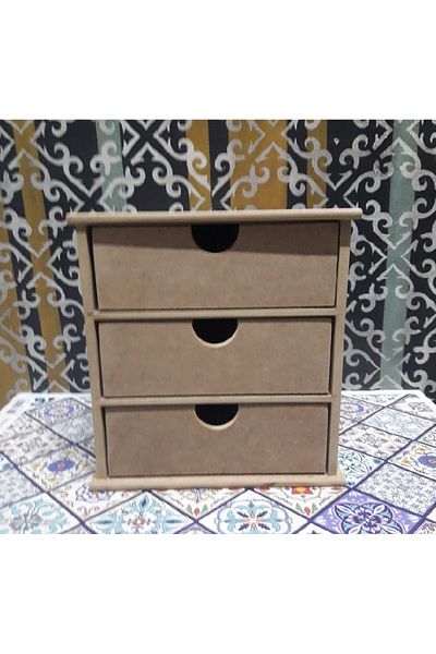 Altınyapı Hobi Market Raw Mdf Small Makeup Box with 3 Drawers - Multi-Purpose
