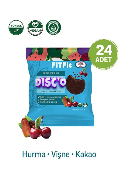 FitFit Disc’o Hurma Vişne Kakao | Doğal Meyve Diskleri | İlave Şekersiz & Katkısız Atıştırmalık 20 g x 24