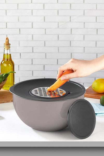 Fesya Home Moon 4 Pieces Anthracite Gray Color Mixing and Storage Bowl with Grater