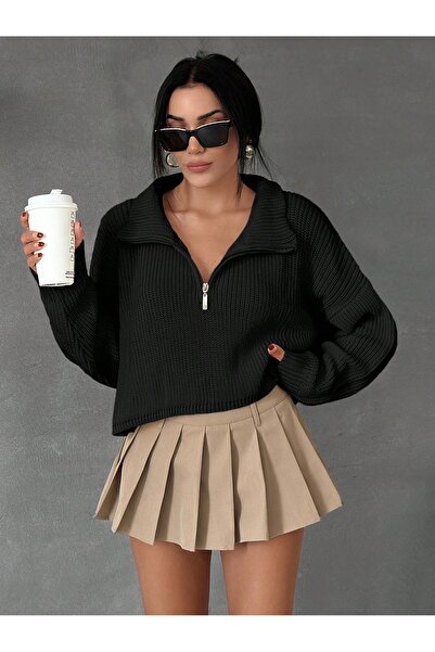 Cloudy Kids Kadın Oversize Fermuarlı Crop Triko Kazak