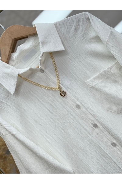 Ebrar Store Nisa Single Pocket Necklace Shirt-Zn4850 White