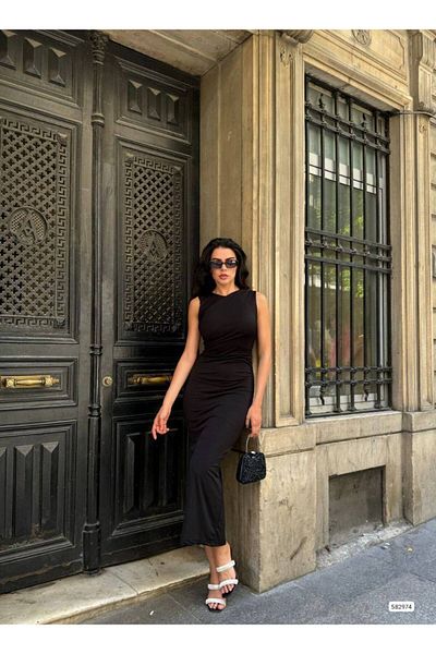 WOST Women's Black Midi Length Slit Sandy Fabric Dress Wedding Engagement Homecoming Dress