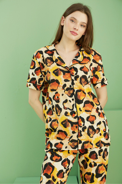 Siyah İnci sarı Leopar Desenli Kısa Kollu Düğmeli Biyeli Pijama Takım7817