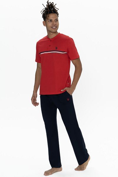 U.S. Polo Assn. Us Polo Men's Large Size Pajama Suit, Crew Neck Buttoned, Pocket Detail