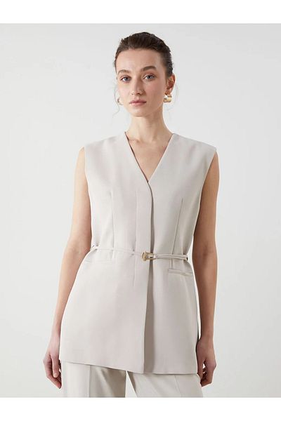LC Waikiki Lcwaikiki Classic Beige V-Neck Women's Classic Vest