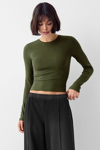 VODENS Khaki Color Crew Neck Ultra Soft 100% Cotton Body Blouse - Long Sleeve