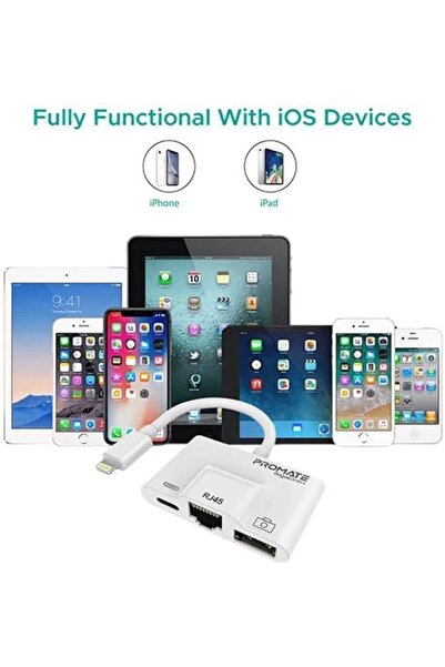 Promate GigaLink-i.White OTG Lightning Hub، محول 3 في 1 مع إيثرنت وشحن لجهاز iPhone