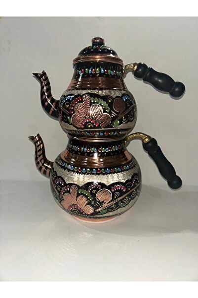 El İşi İşlemeli İçi Kalaylı Bakır Çaydanlık