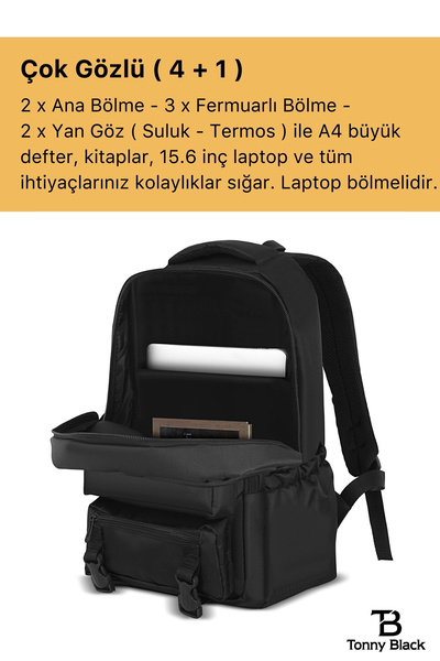 Tonny Black Original Unisex Orthopedic Multi-Compartment Large Volume High School Junior High School Large Schoolbag with Back Support