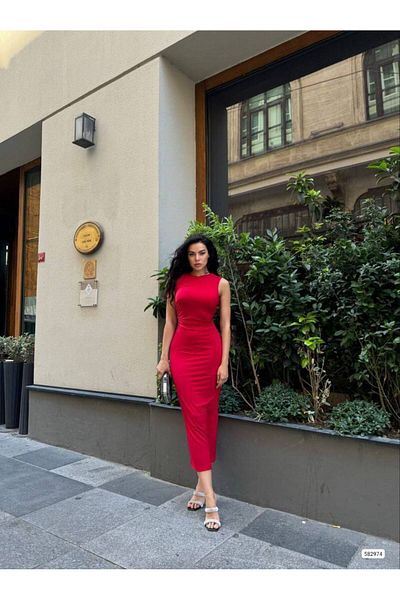 WOST Women's Red Midi Length Slit Sandy Fabric Dress Wedding Engagement Homecoming Dress
