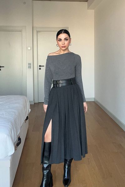 Seda Yalçın Atelier Anthracite Midi Length Belted Pleated Skirt