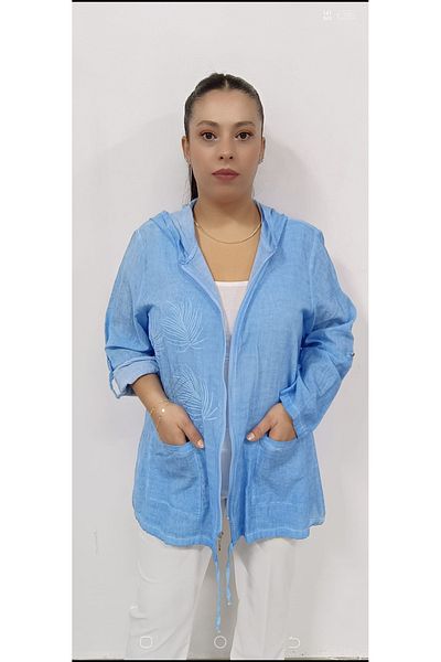 AKŞEN GİYİM Plus Size Women's - Cotton Linen Embossed, Name Printed, Two Pockets, Hooded and Zippered Jacket