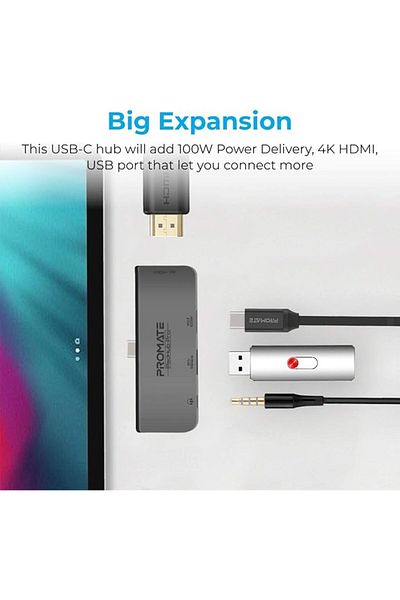 Promate 4-in-1 USB-C Hub, 100W Power Delivery, 4K Display, USB 3.0, AUX for MacBook, iOS, Windows