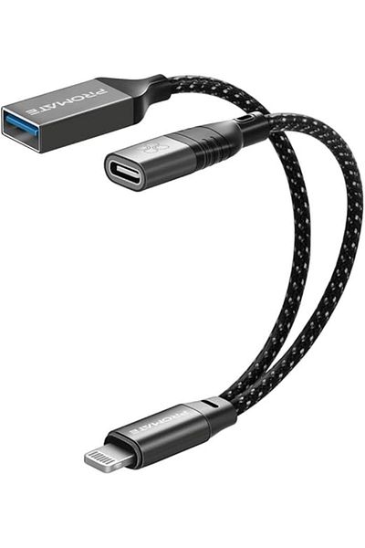 Promate OTG Data Cable, Lightning Male to USB-C Female, 12W Charging, 480Mbps, Nylon Braided
