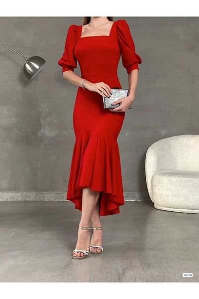 Kokosh moda Square Collar Skirt Ruffle Detail Midi Length Evening Dress