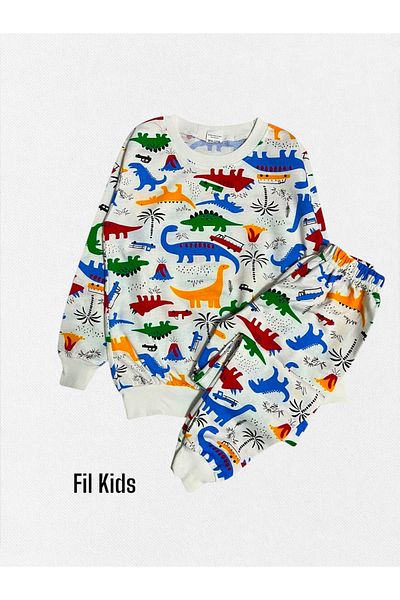 Fil Kids Boys' 100% Cotton White Dinosaur Print Long Sleeve Seasonal Pajamas Set