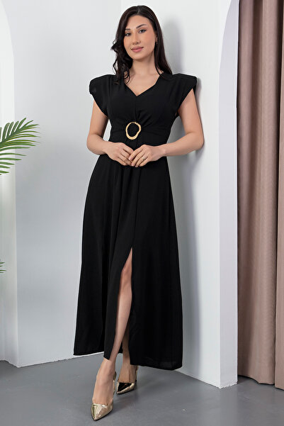 PULLIMM V-Neck Metal Buckle Detail Dress Ny4506