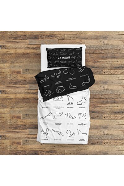 The Lucid Lab All Tracks / Formula 1 Pistleri Siyah-Beyaz Çift Taraflı Nevresim Takımı 160 cm x220 cm