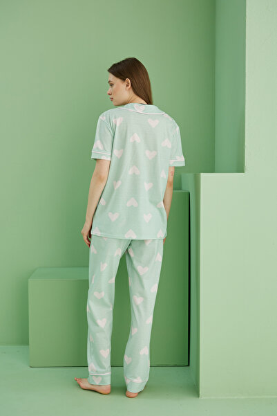 Siyah İnci Green Pink Heart Print Short Sleeve Button Ribbed Pajamas Suit7817