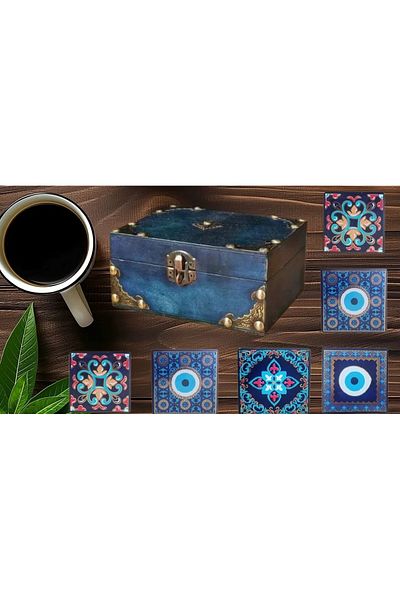 Handmade Turkish Glass Tiles Printed&Heat Treated Non-removable Unbreakable,Inside Blue Wooden Box
