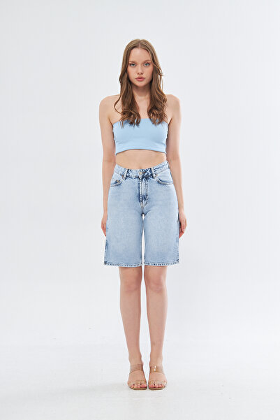 cracpot Kadın Yüksek Bel  Paça Yanları Yırtmaçlı Denim Şort