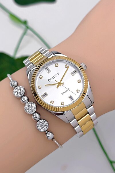 Ferrucci ساعة يد نسائية بسلك فولاذي، 3 ATM مقاومة للماء باللون الذهبي والفضي zmfer176