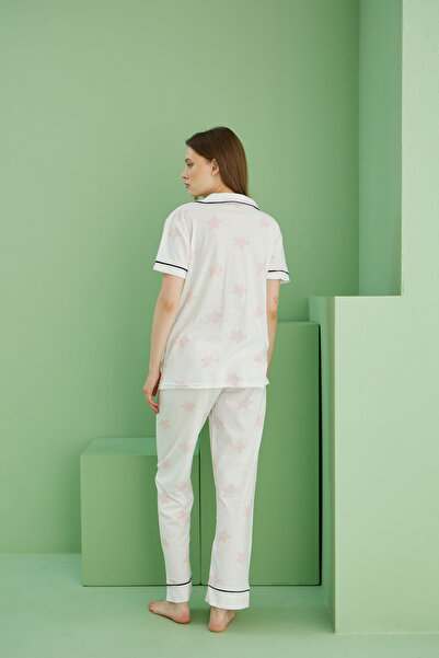 Siyah İnci ekru pembe yıldız Desenli Kısa Kollu Düğmeli Biyeli Pijama Takım7818