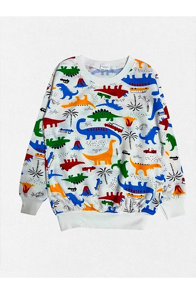 Fil Kids Boys' 100% Cotton White Dinosaur Print Long Sleeve Seasonal Pajamas Set