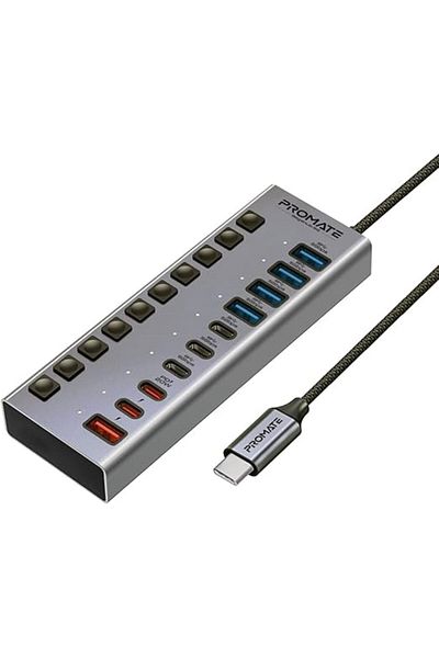 Promate موزع USB-C 10 في 1، 3 منافذ USB-C، 4 منافذ USB-A، سرعة نقل بيانات 5 جيجابت في الثانية، 20 وات PD، مفاتيح طاقة، التوصيل والتشغيل