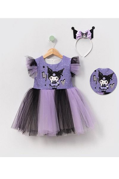 LifeForModa Girls' Kuromi Tulle Dress with Crown Accessories Party Gown and Show Dress