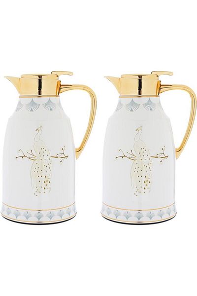 ALSAIF Steel Peacock Thermos Set Golden Peacock Pattern 2 Pieces Pearl