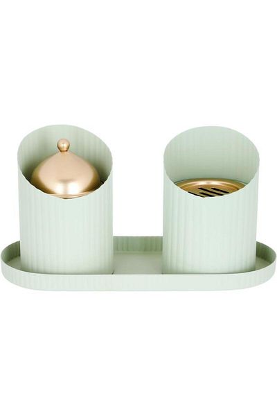 ALSAIF Iron Incense Burner Set 17.5 X 15 X 28 Cm Incense And Tofaria Box 3 Pieces Light Green