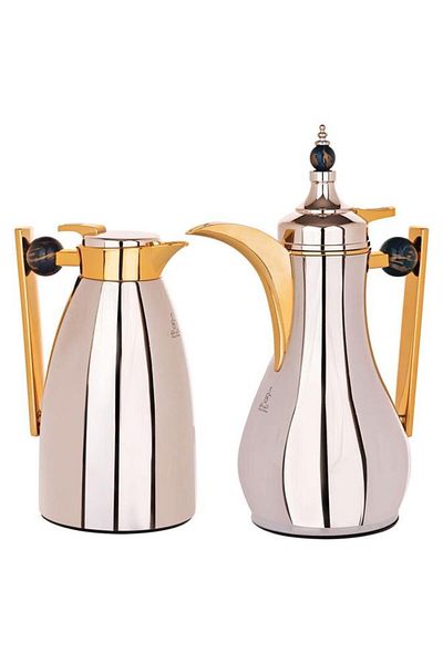 ALSAIF Alaa Steel Thermos Set 1+1 Liter Golden Handle Two Pieces Silver